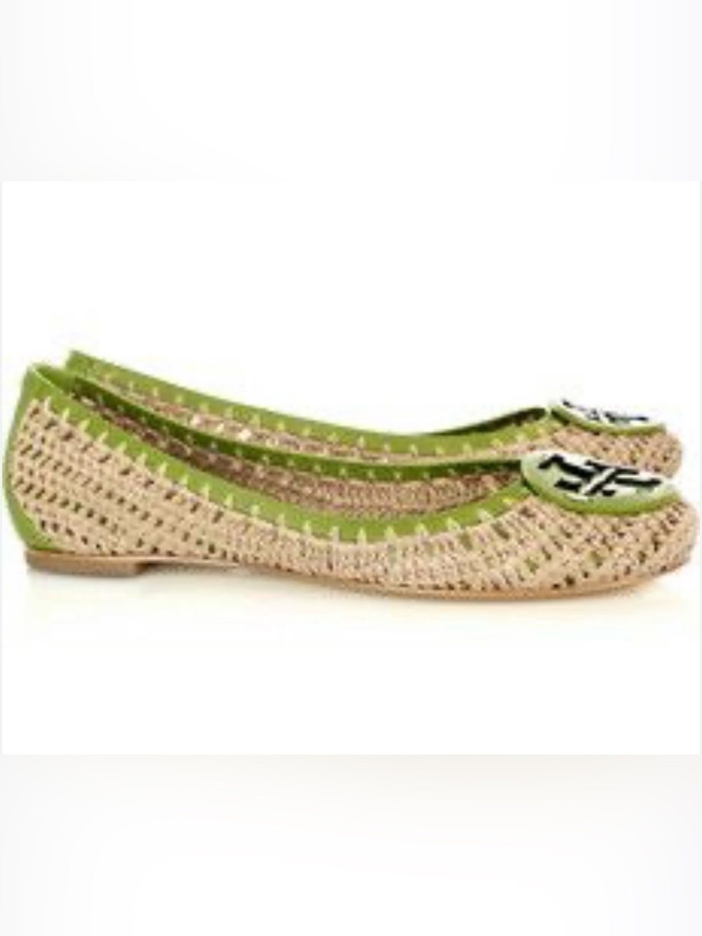 Tory Burch Woven Crochet Ballet Flats with Green Leather Accents